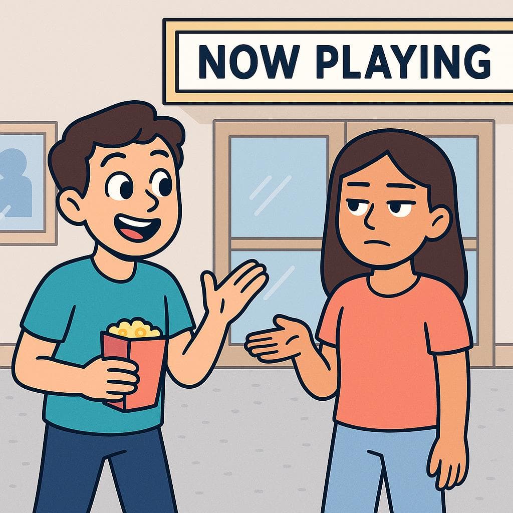 The figurative meaning, showing a person giving a lukewarm 'so-so' gesture about a movie they just watched.