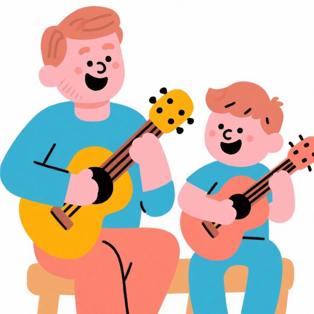 The figurative meaning of the idiom, showing a father and son who share a clear, similar hobby or trait, like both playing the guitar.