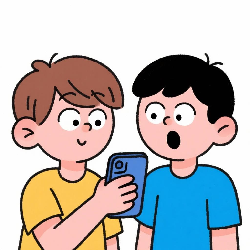The actual meaning of 'no manches', showing two friends reacting with surprise to something on a phone screen.
