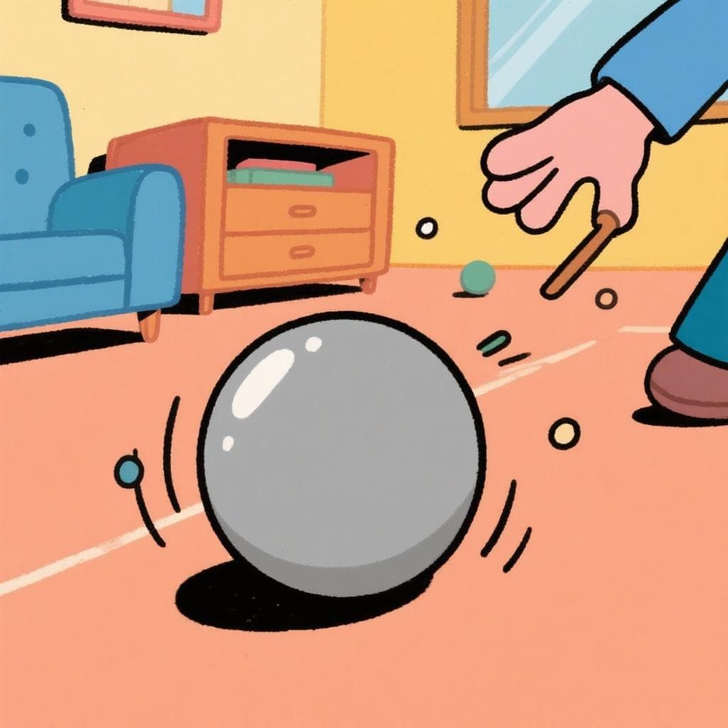 A literal depiction of a ball without a handle, showing a smooth bowling ball rolling erratically because it has no holes or handle to grip.
