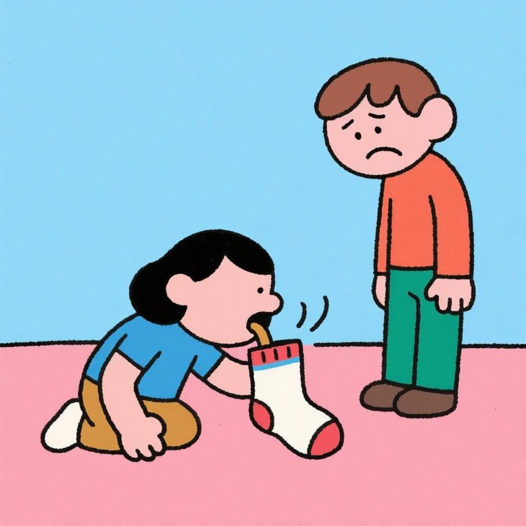 A literal, humorous depiction of 'chupar las medias', showing a person kneeling and sucking on another person's sock.