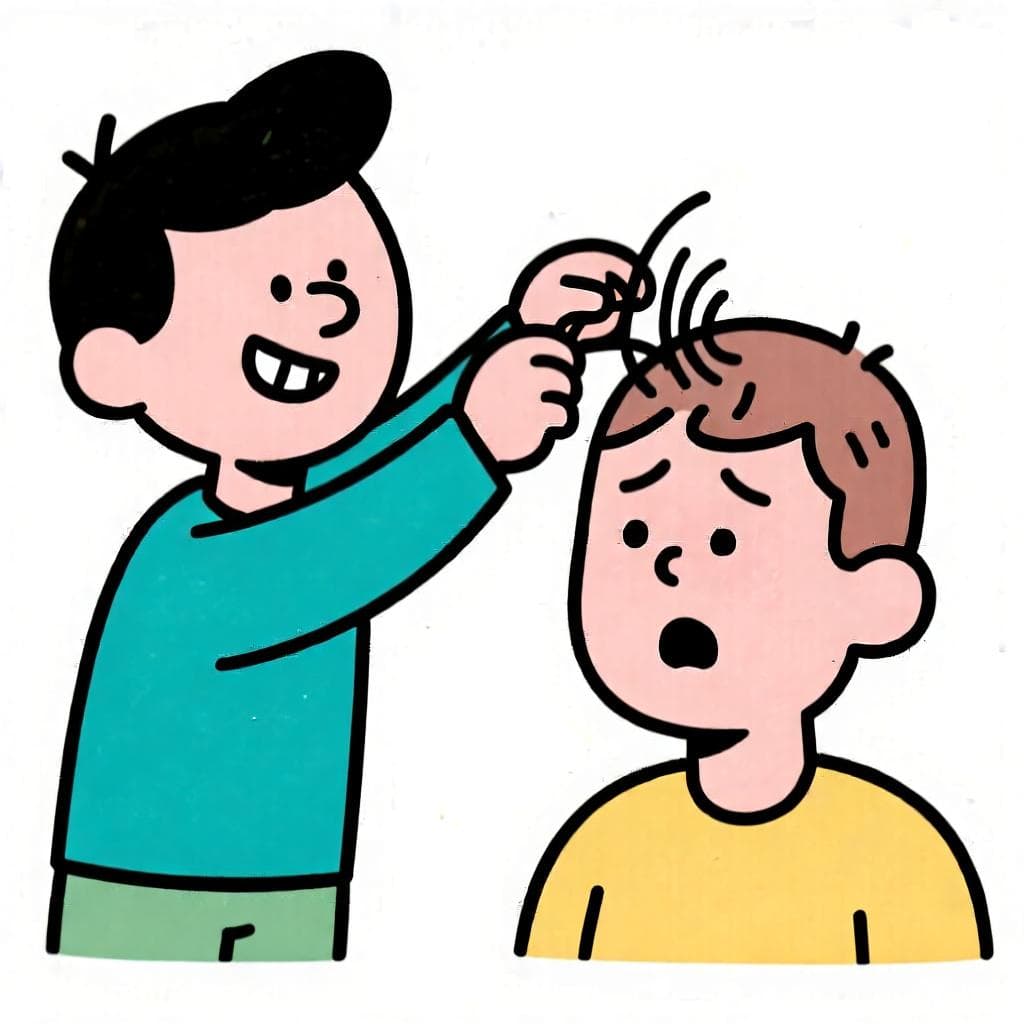 A literal, humorous depiction of 'tomar el pelo', showing one person mischievously plucking a hair from another person's head.