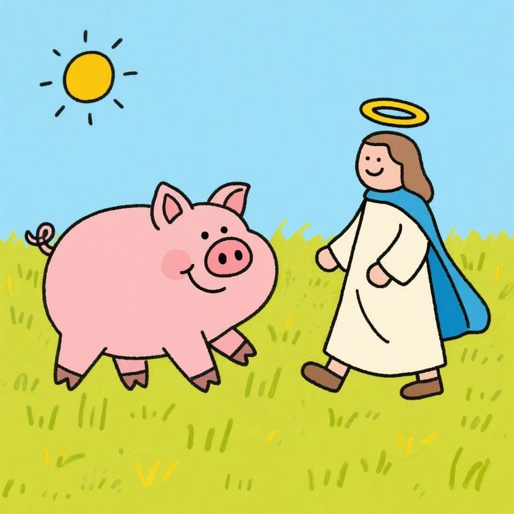 A literal depiction of the idiom, showing a happy pig being greeted by Saint Martin.