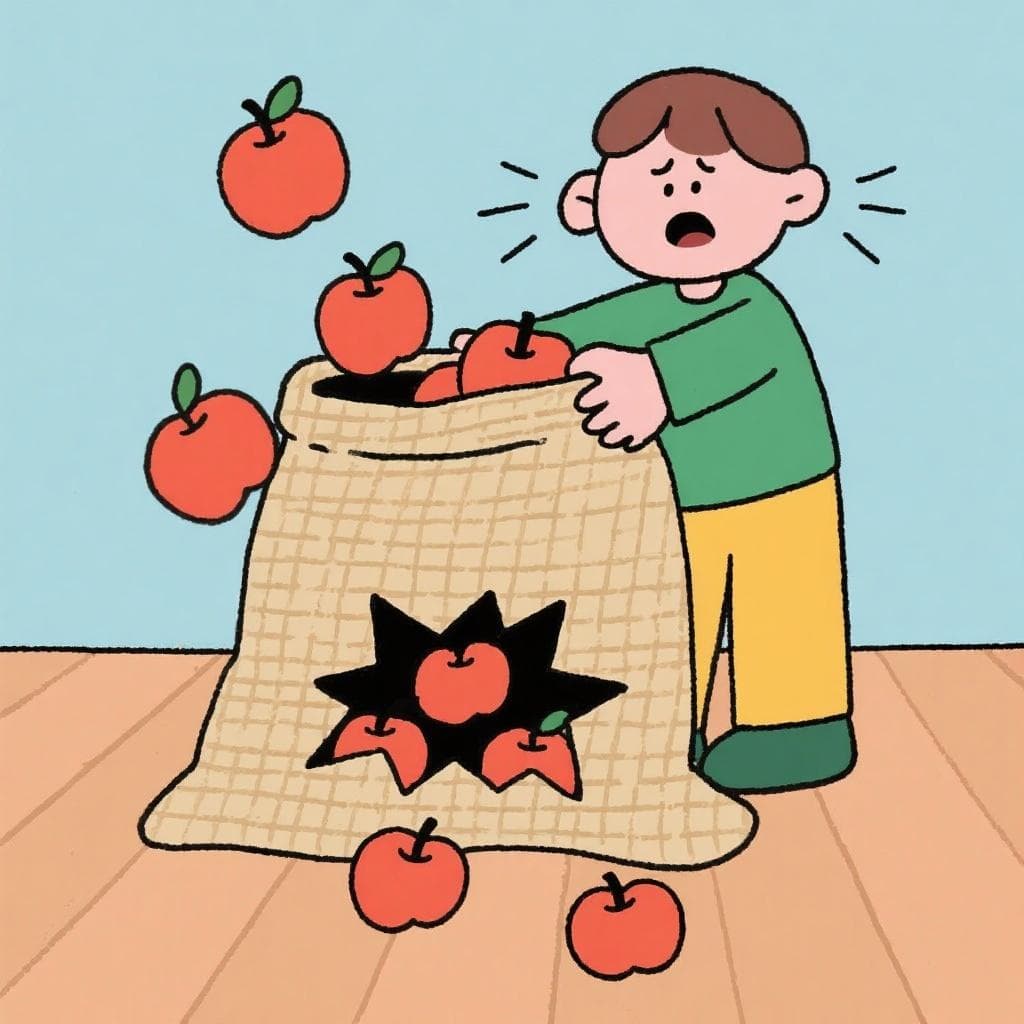 A literal depiction of 'caer en saco roto', showing items falling through a large hole in the bottom of a sack.