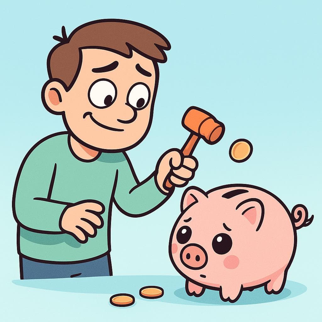 A literal, humorous depiction of 'romper el chanchito', showing a person about to gently break a small, living piglet with a hammer.