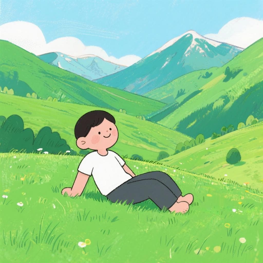 A literal depiction of 'estar en Babia', showing a person relaxing in a beautiful, serene mountain valley.