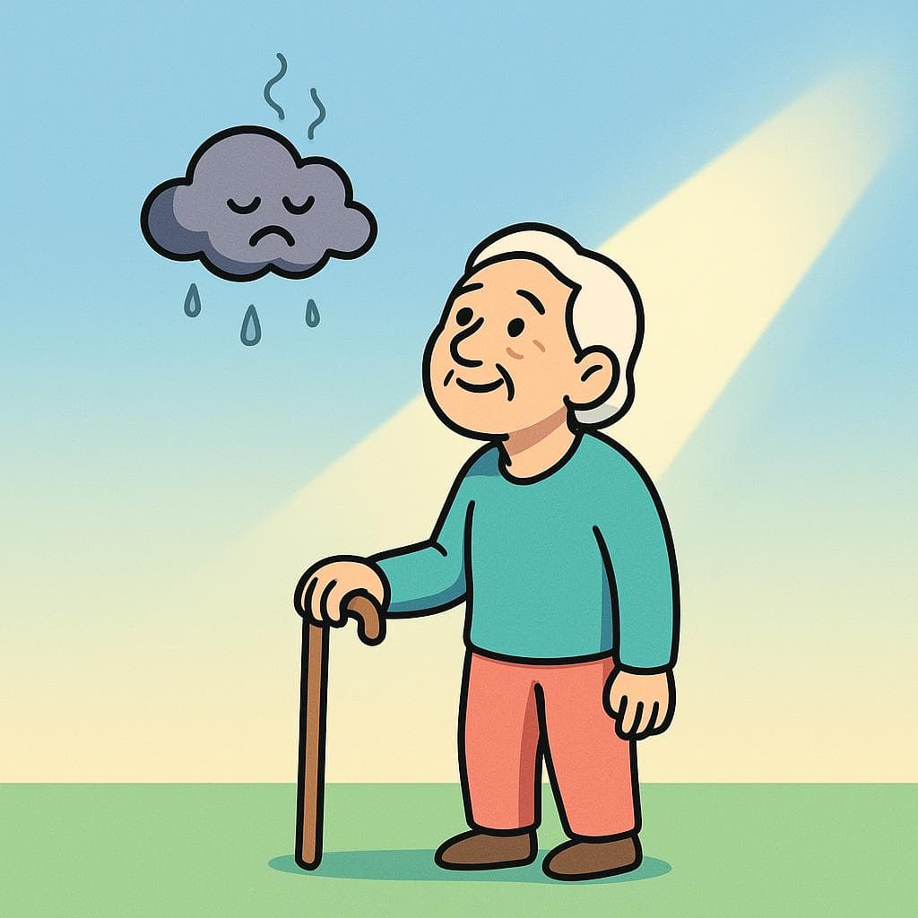 A literal depiction of a 'bad thing' not being able to last for 100 years. A sad rain cloud that has followed an old man his whole life is finally evaporating.