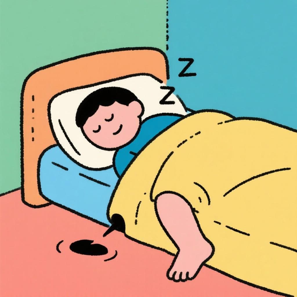 A literal, humorous depiction of 'dormir a pierna suelta', showing a person sleeping in bed with one leg comically detached and lying loosely beside them.