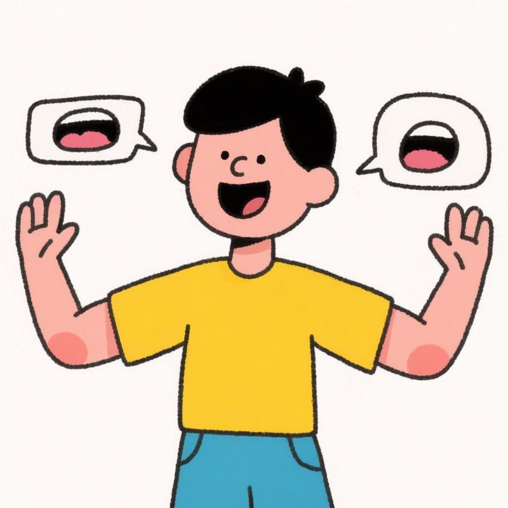A literal, humorous depiction of 'hablar por los codos', showing a person with mouths on their elbows that are talking.