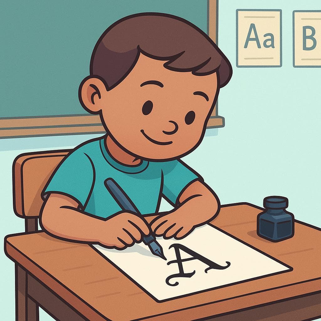 A literal depiction of 'hacer buena letra', showing a child carefully practicing calligraphy.