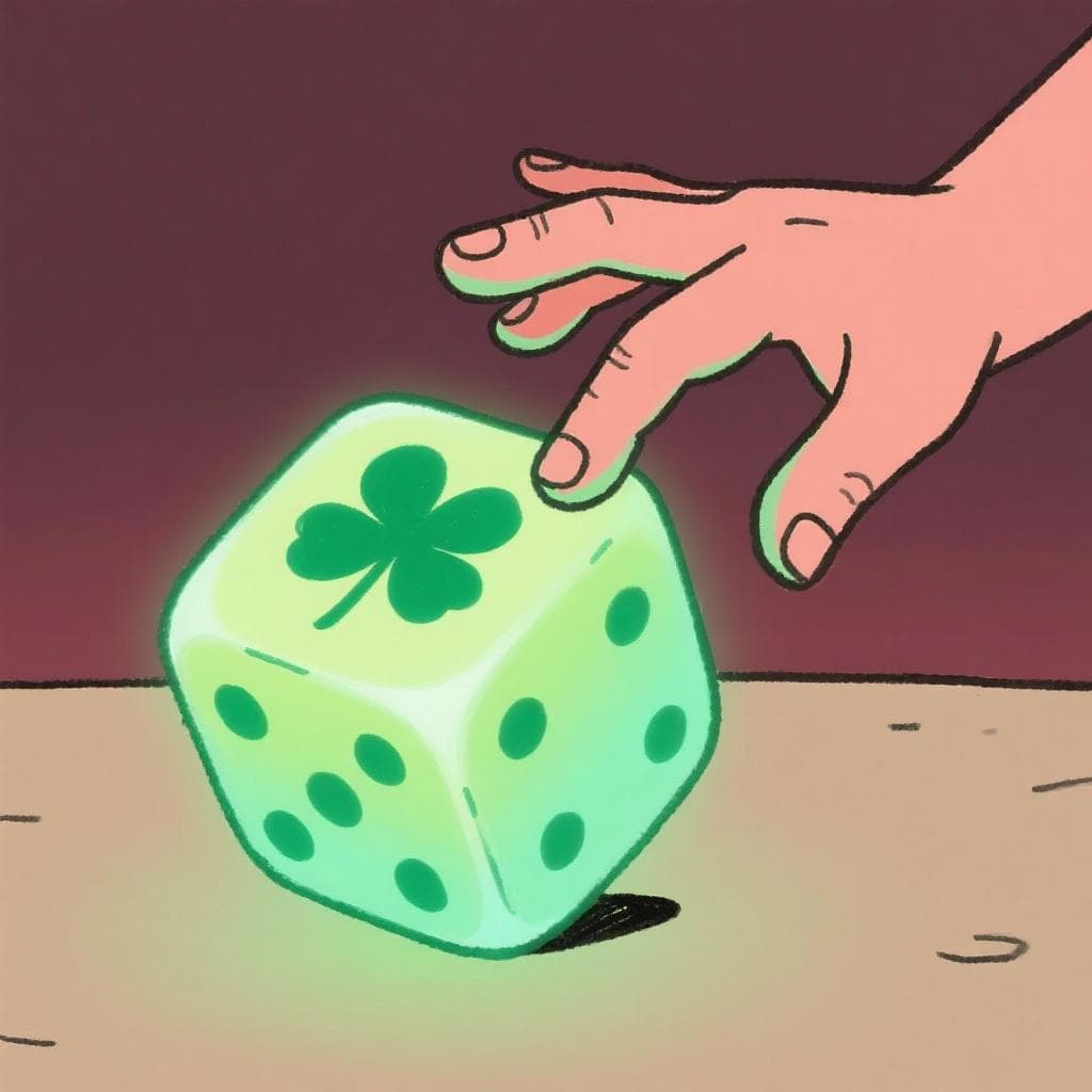 A literal depiction of 'La suerte está echada', showing a hand throwing a large die with a clover symbol on it.