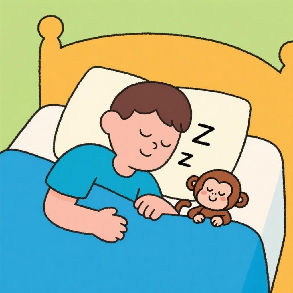 A literal, humorous depiction of 'dormir la mona', showing a person sleeping in a bed next to a small female monkey.