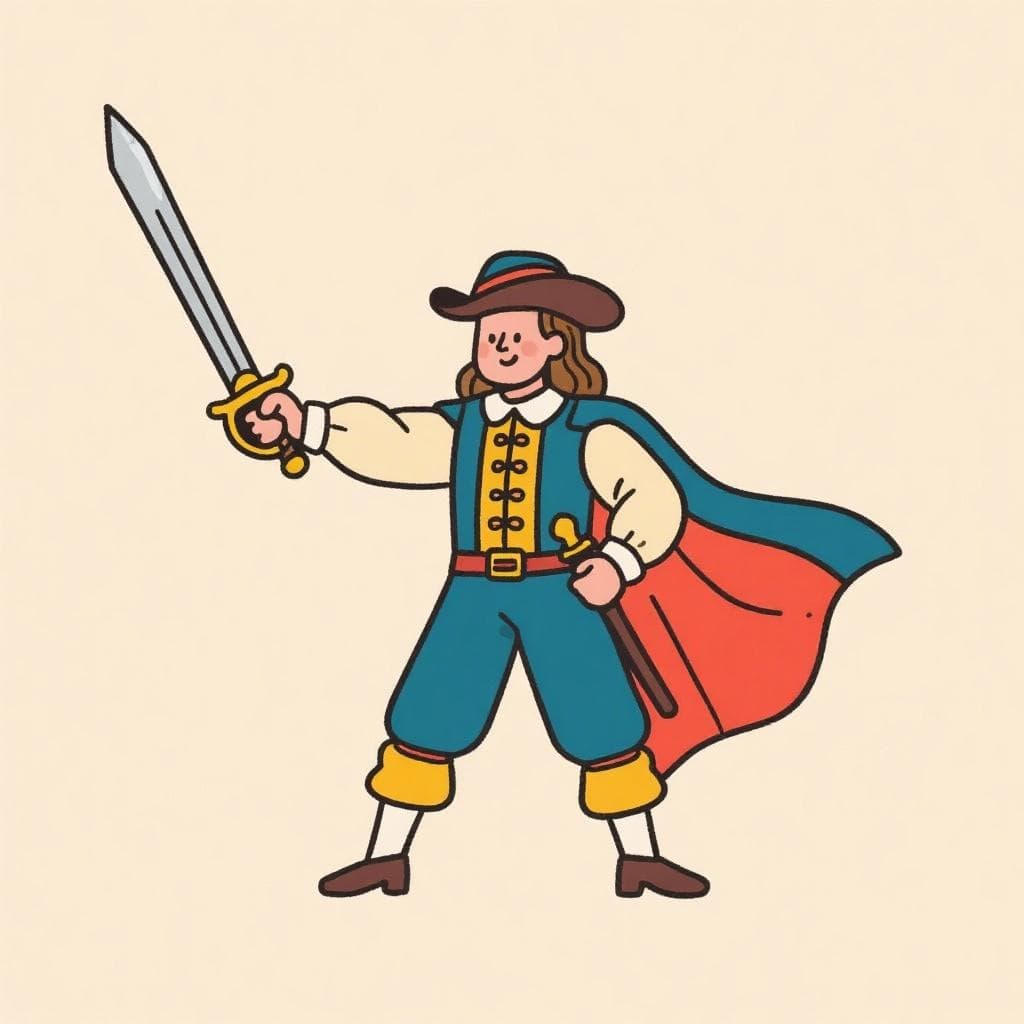 A literal depiction of 'a capa y espada', showing a historical figure from Spain's Golden Age holding a cape and a sword.
