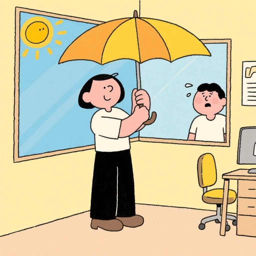 A literal depiction of 'abrir el paraguas', showing a person opening an umbrella indoors on a sunny day.