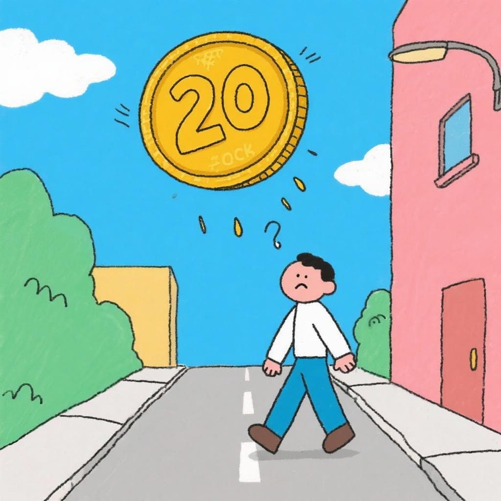 A literal, humorous depiction of 'caer el veinte', showing a giant coin with the number '20' falling on a person's head.