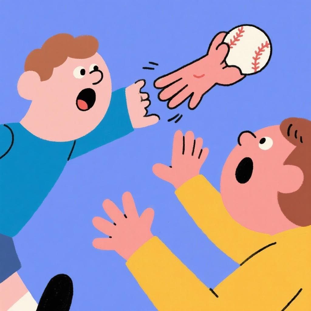 A literal, humorous depiction of 'echar una mano', showing one person literally throwing a hand towards another person.