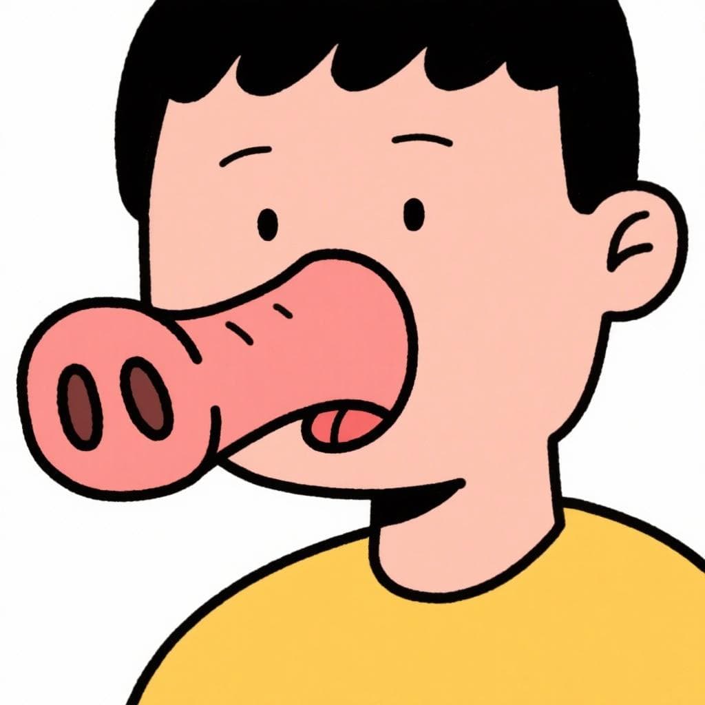 A literal depiction of 'tener mucho morro', showing a cartoon person with a very large, prominent snout like an animal's.
