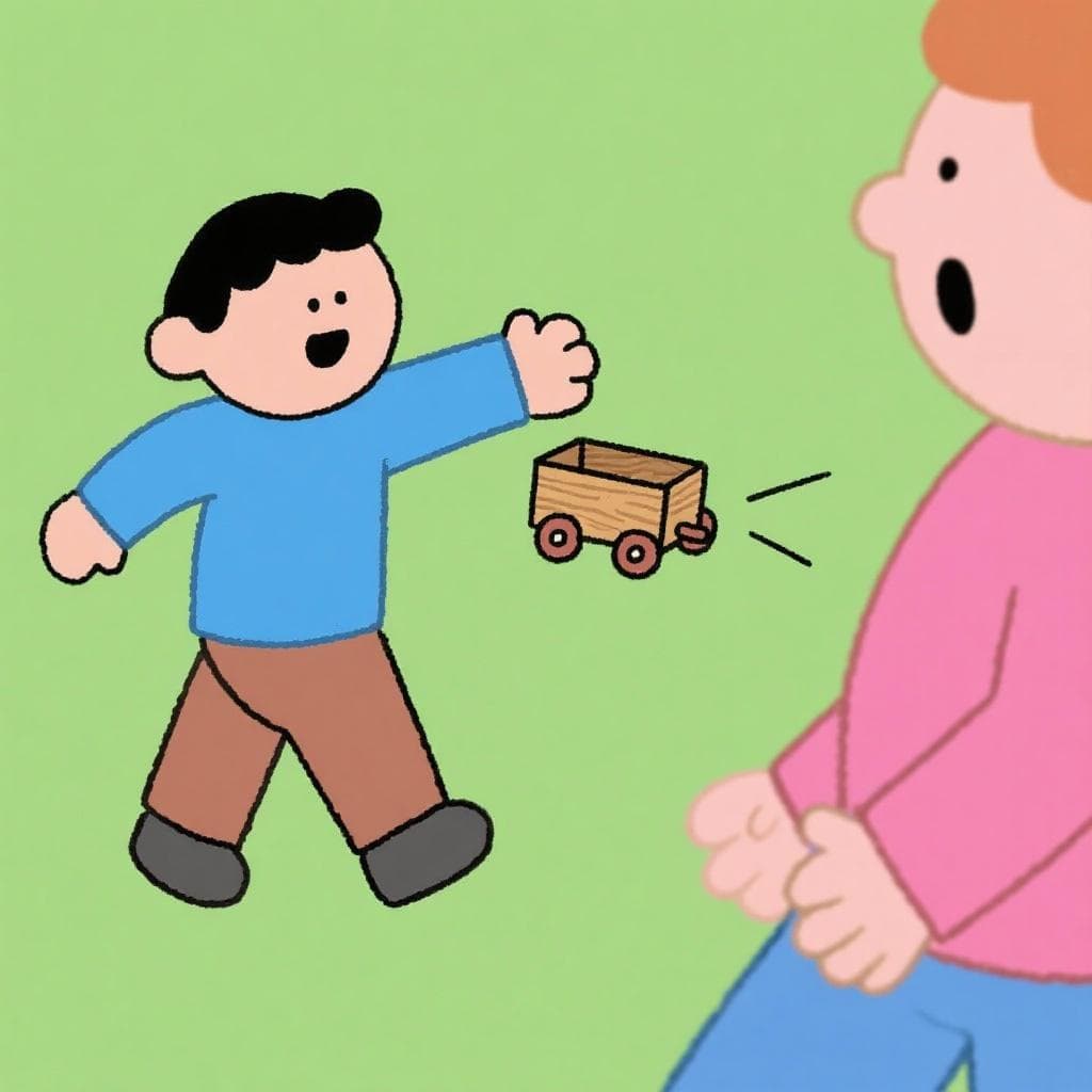 A literal, humorous depiction of 'echar carrilla', showing one person tossing a tiny wooden cart at another.