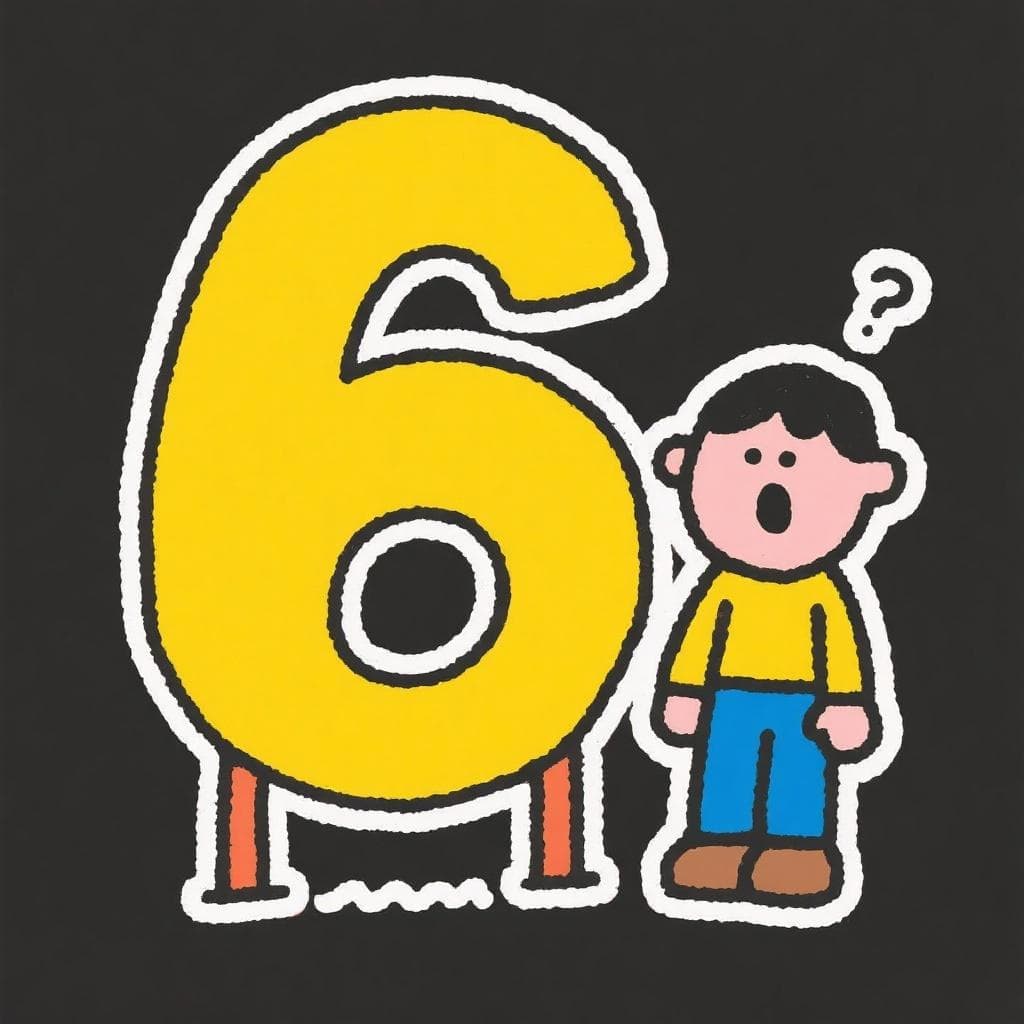 A literal, humorous depiction of 'quedarse de a seis', showing a confused person standing next to a giant number six.