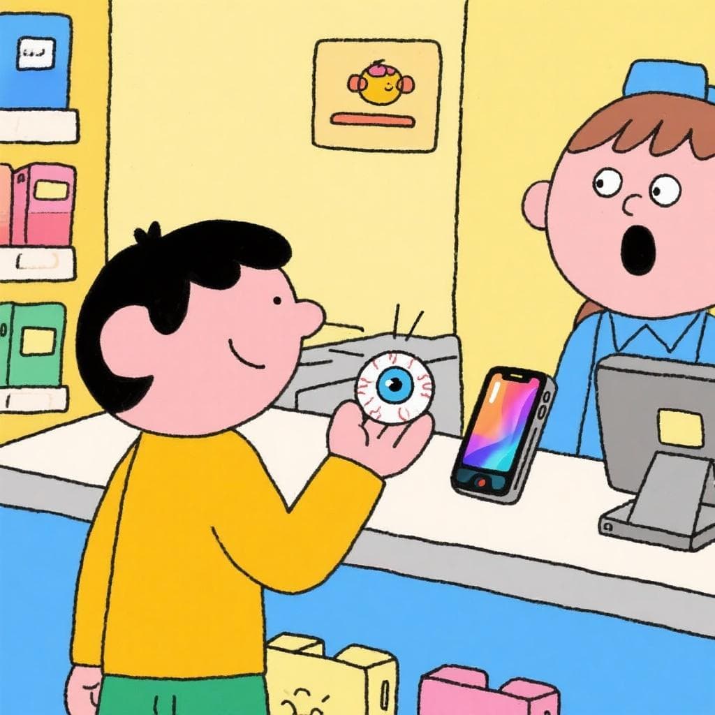 A literal depiction of 'costar un ojo de la cara', showing a person giving their own eye as payment for an item.
