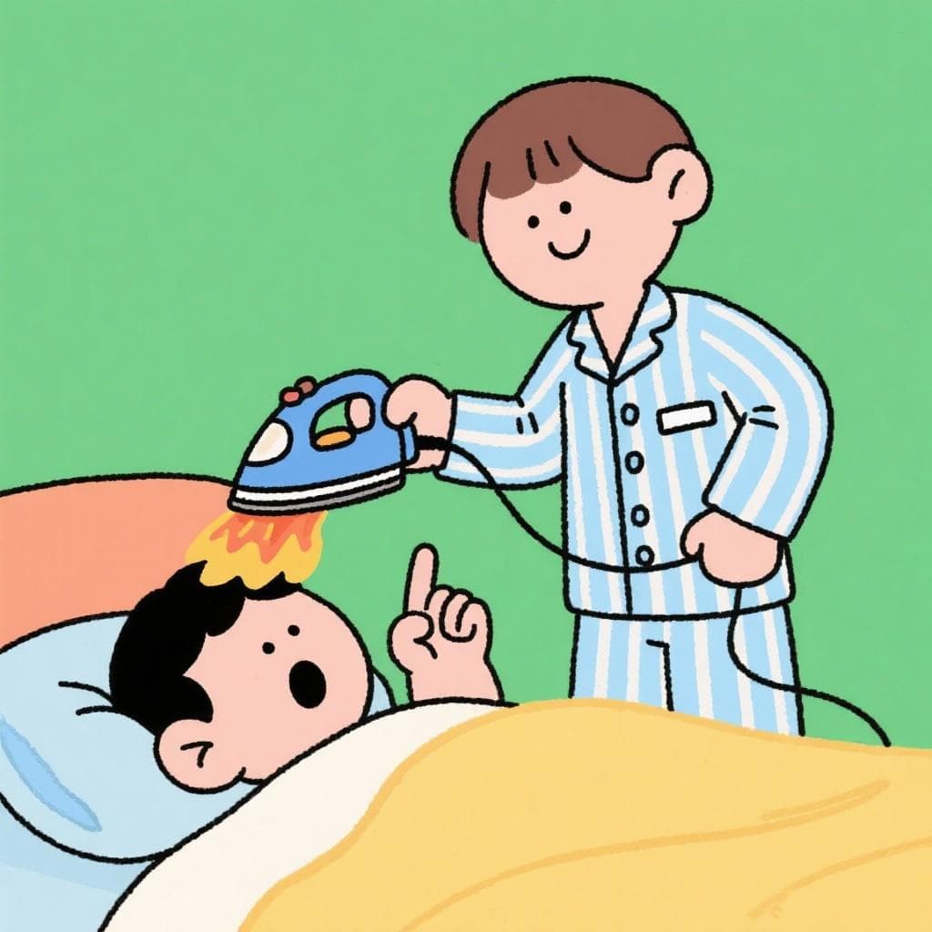 A literal, humorous depiction of 'planchar la oreja', showing a person holding a clothing iron up to another person's ear.
