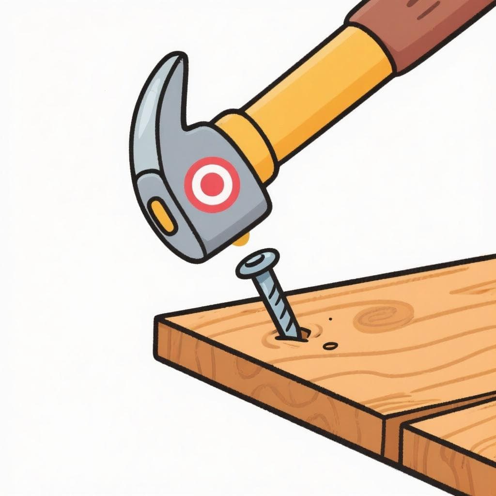 A literal depiction of 'dar en el clavo', showing a hammer hitting a nail perfectly on its head.