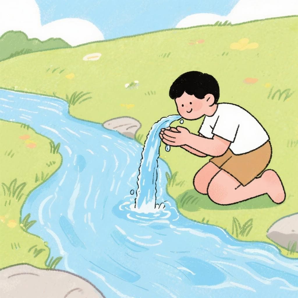 A literal depiction of the idiom, showing a person by a stream letting the water flow past without drinking it.