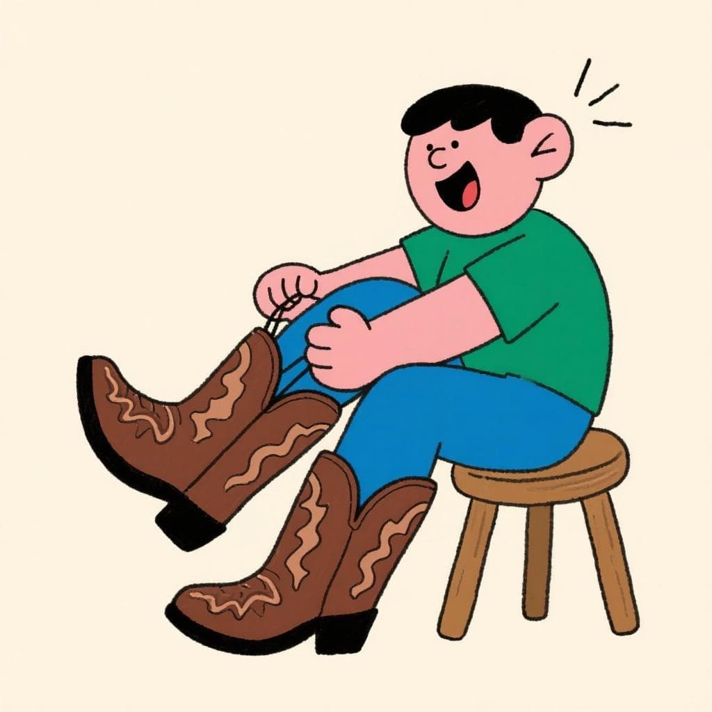 A person happily putting on a pair of large, fancy boots.