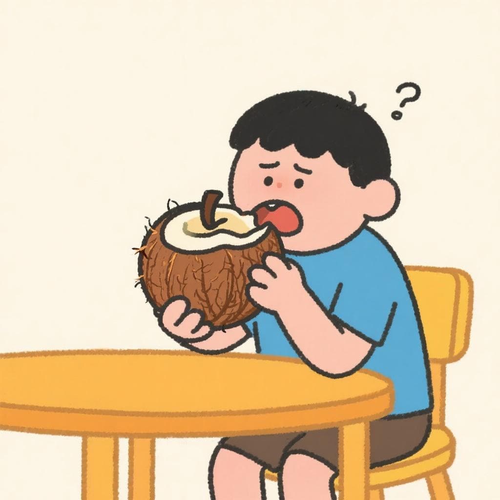 A humorous, literal depiction of 'comerse el coco', showing a person trying to eat a whole coconut.