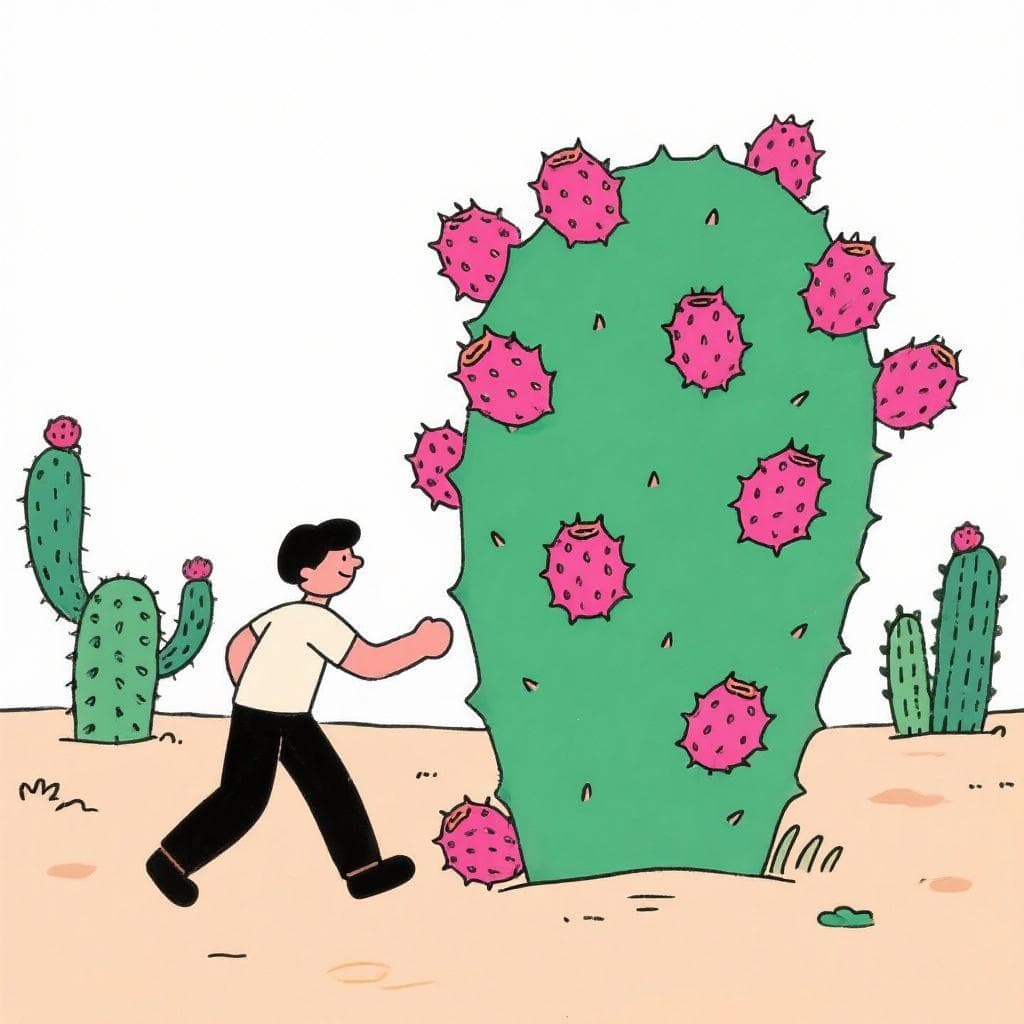 A literal depiction showing a person ignoring a plain cactus but getting close to one covered in fruit.