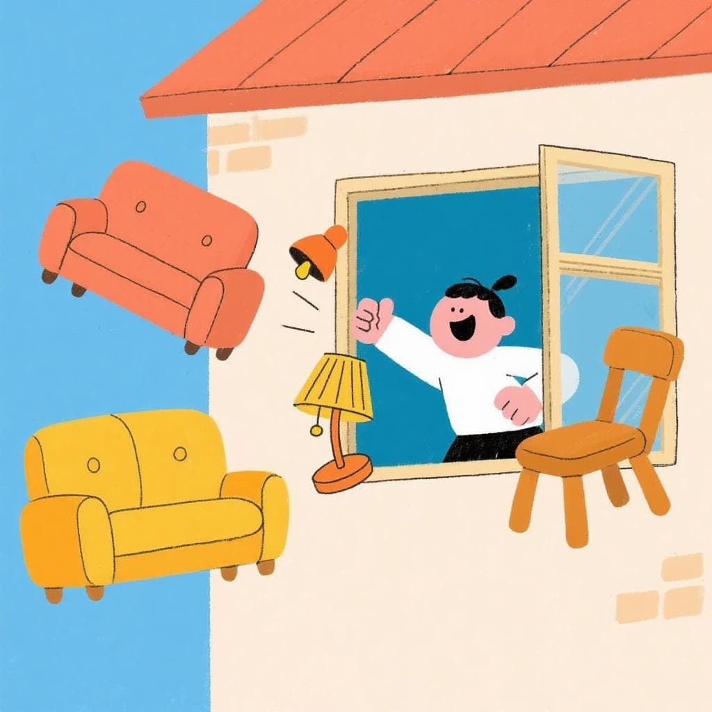 A literal, humorous depiction of 'tirar la casa por la ventana', showing a person throwing furniture out of a house window.