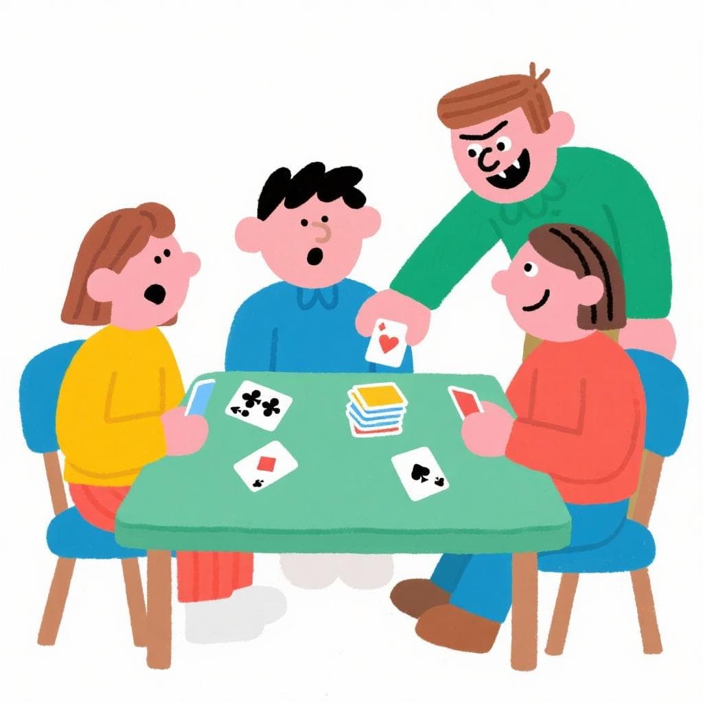 A literal depiction of 'meter baza', showing a person trying to sneak an extra card into a pile from a card game.