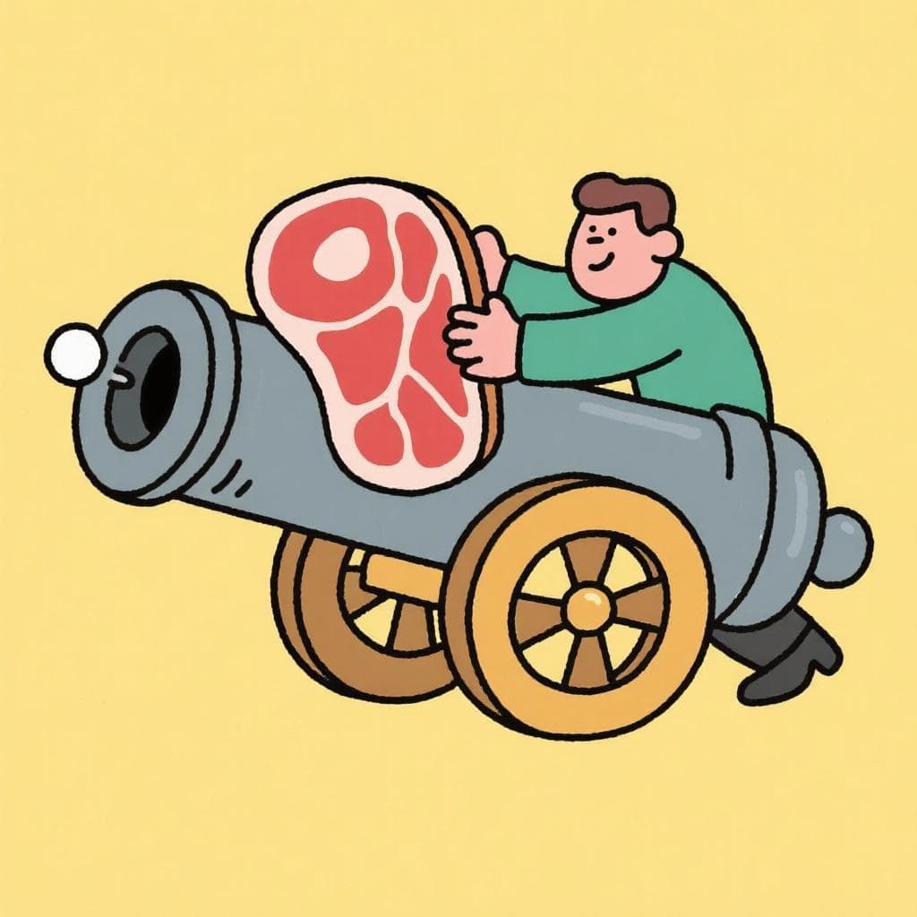 A literal, humorous depiction of 'carne de cañón', showing an old cannon being loaded with a raw steak.
