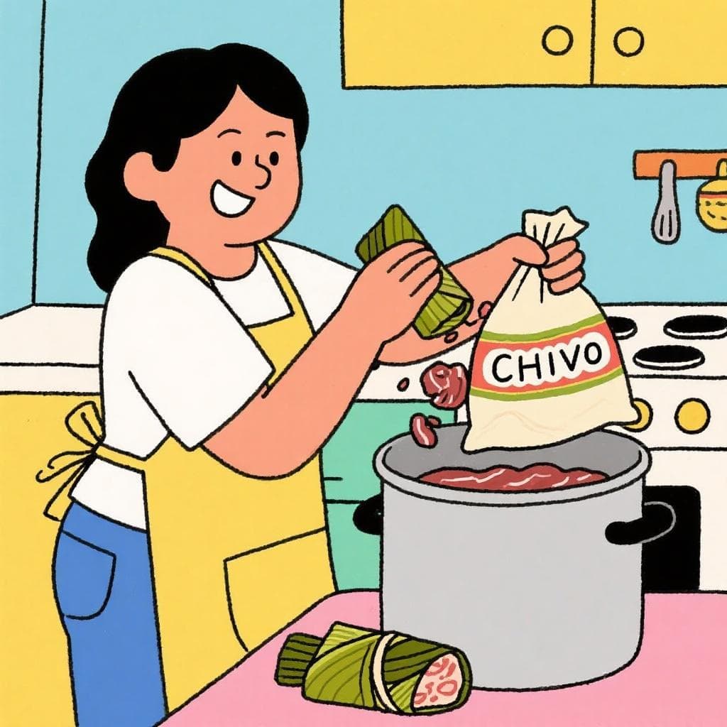 A literal depiction of 'hacer de chivo los tamales', showing a street vendor sneakily putting goat meat into a large pot of tamales.