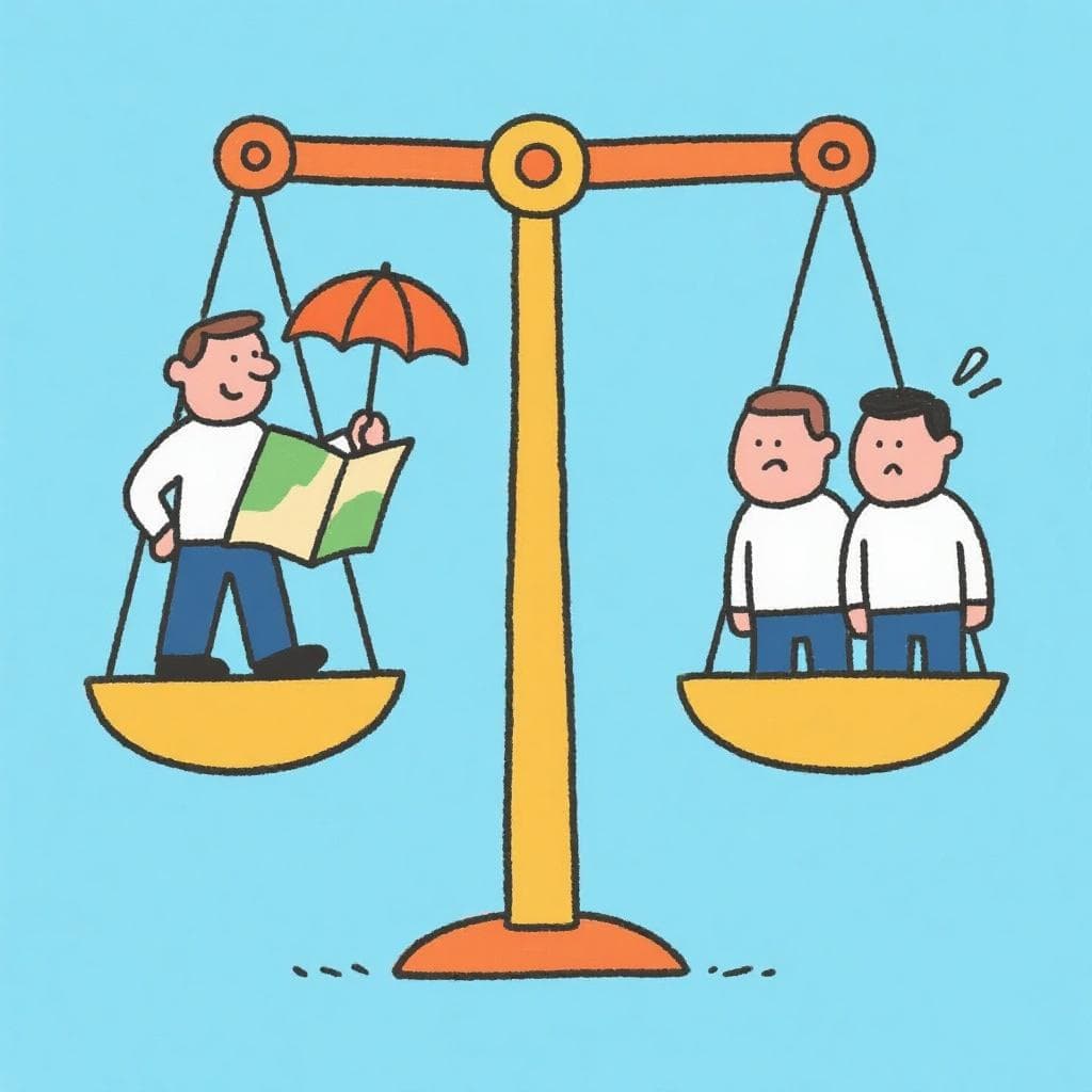 A literal depiction of the idiom, showing one prepared man on a scale balancing out two other men.