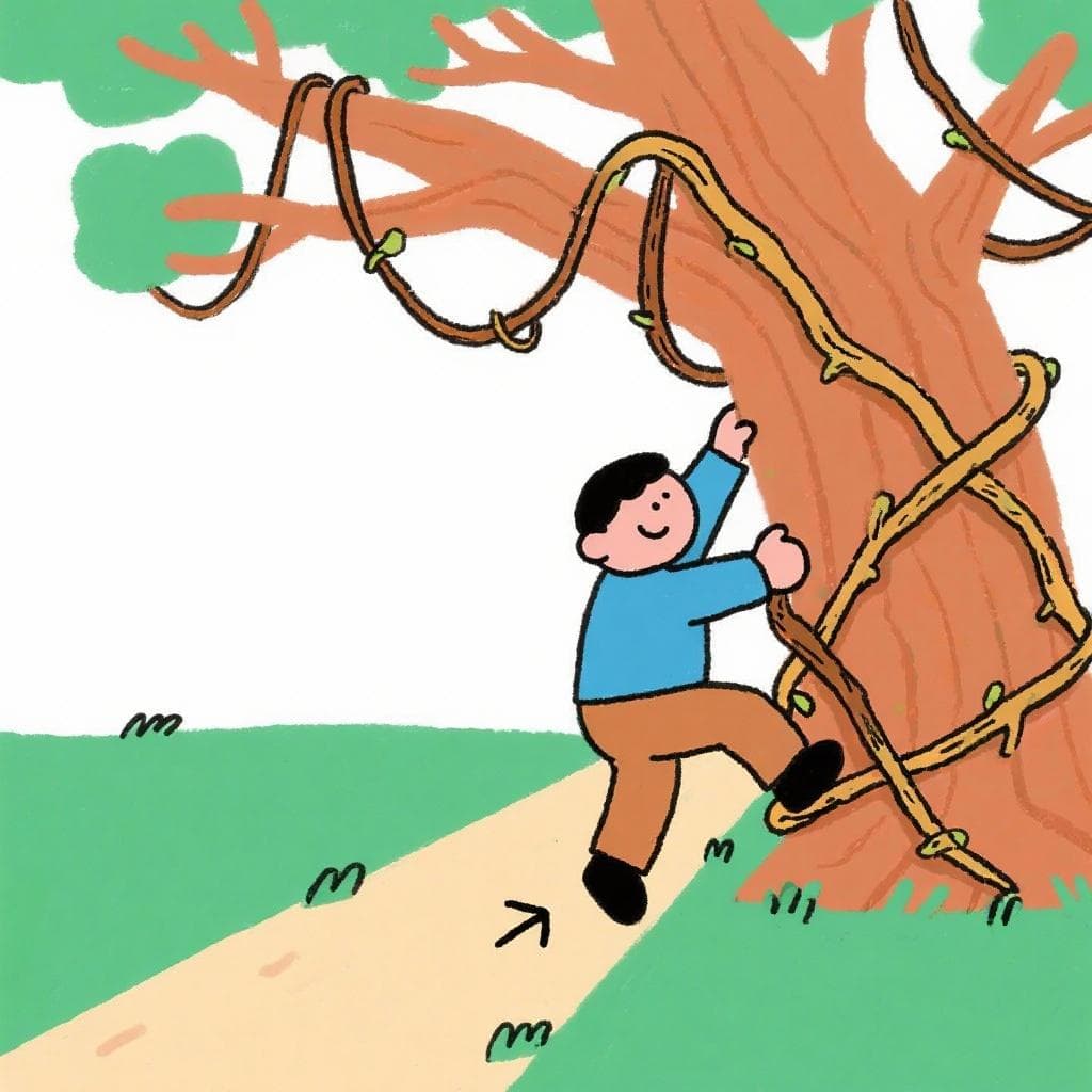 A literal, humorous depiction of 'irse por las ramas', showing a person climbing through the branches of a tree instead of walking on the clear path below.