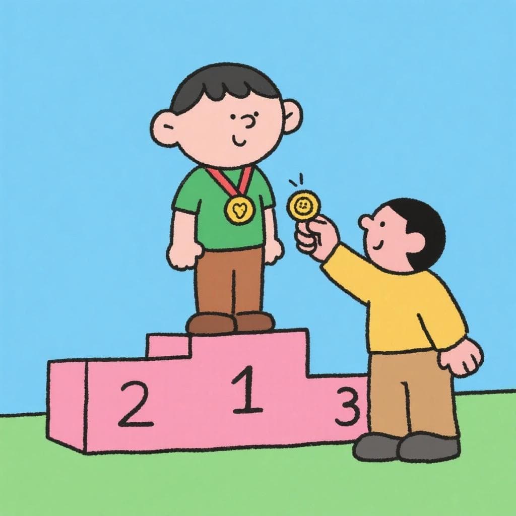 A humorous, literal interpretation based on the sound-alike 'mérito' (merit), showing a person about to receive a tiny medal.