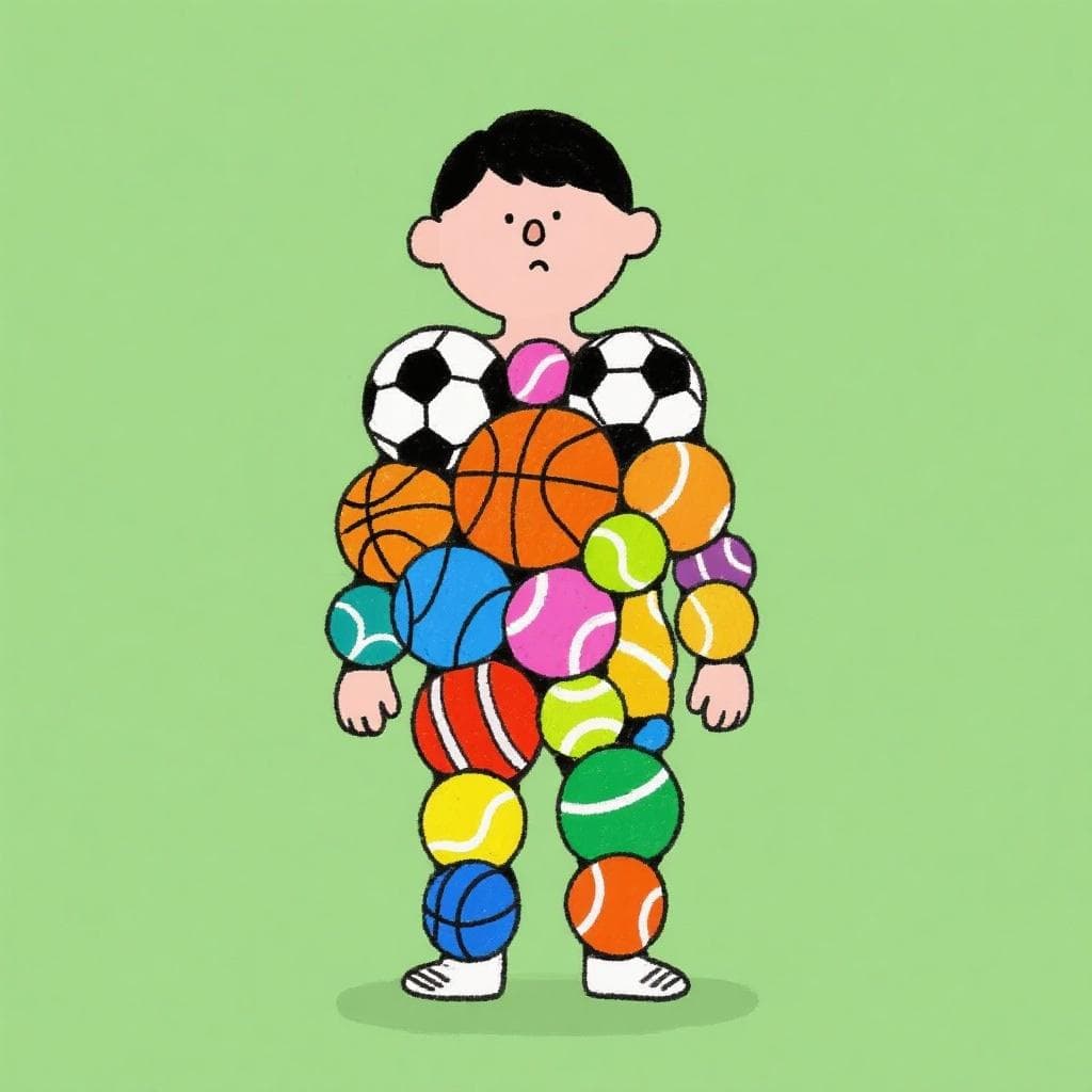 A humorous, literal depiction of 'estar en pelotas', showing a person covered from head to toe in colorful sports balls.
