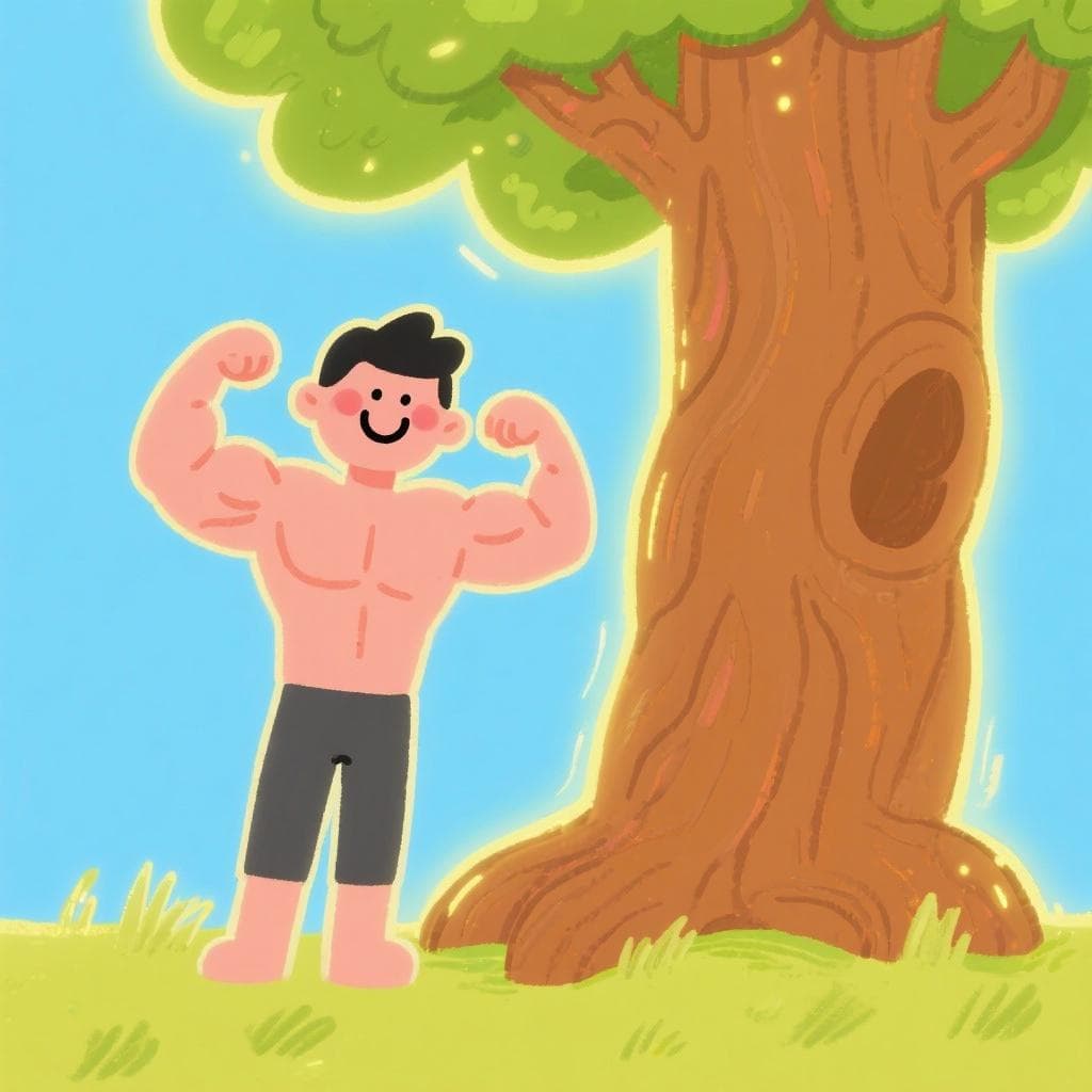 A literal, humorous depiction of a person being compared for health against a large oak tree.