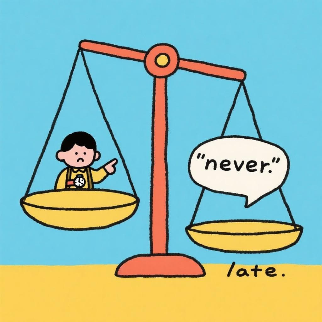 A literal depiction of 'Más vale tarde que nunca', showing a late person on a giant scale weighing more than an empty space representing 'never'.