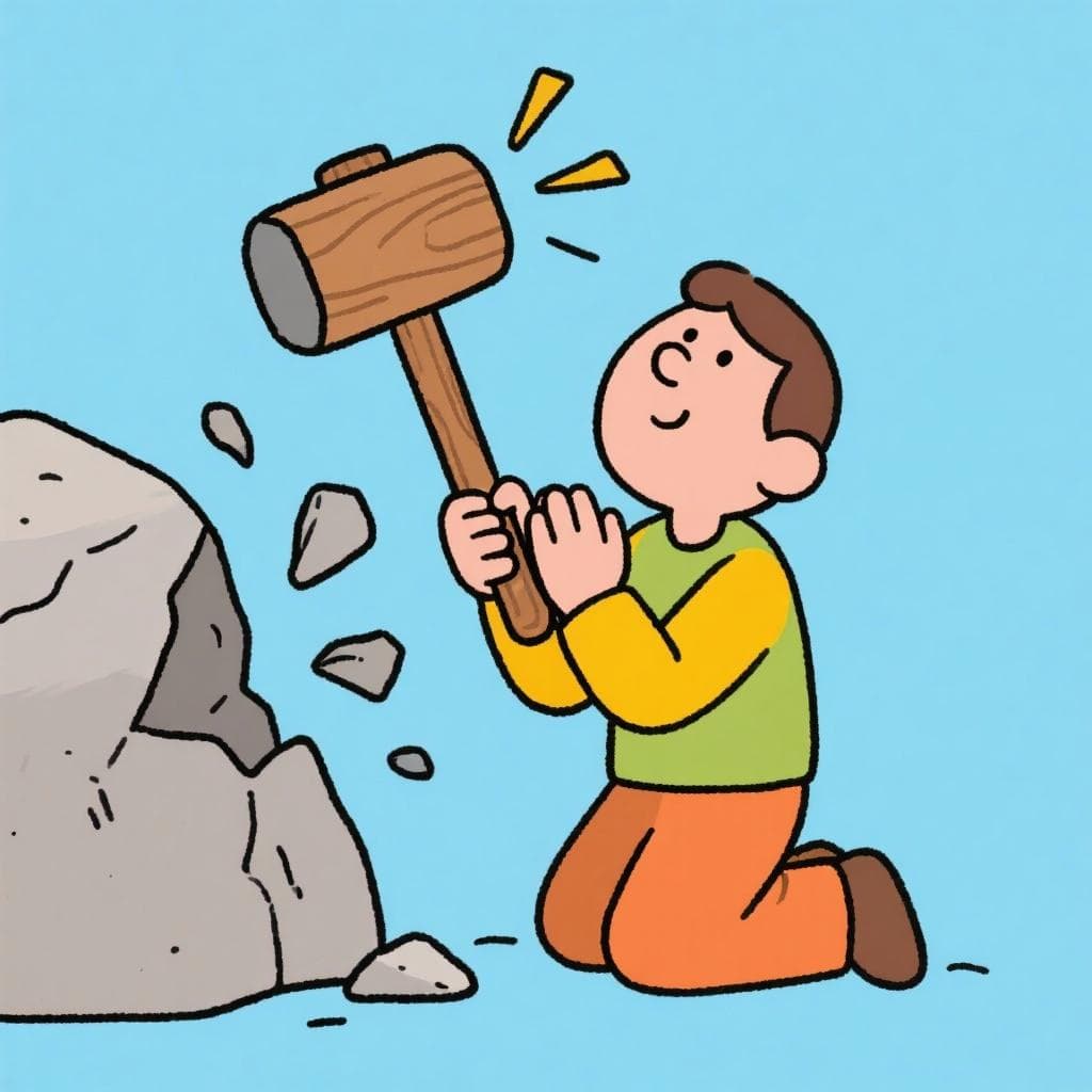 A literal depiction of the idiom, showing a person praying with their hands together while also swinging a giant wooden mallet.