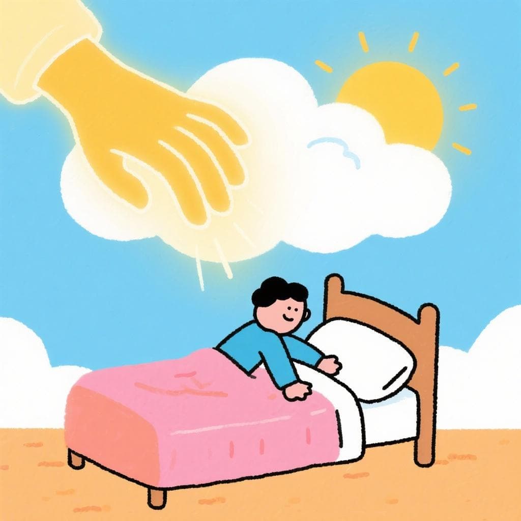 A literal depiction of 'A quien madruga Dios le ayuda', showing a divine hand from the clouds helping a person who is waking up at dawn.