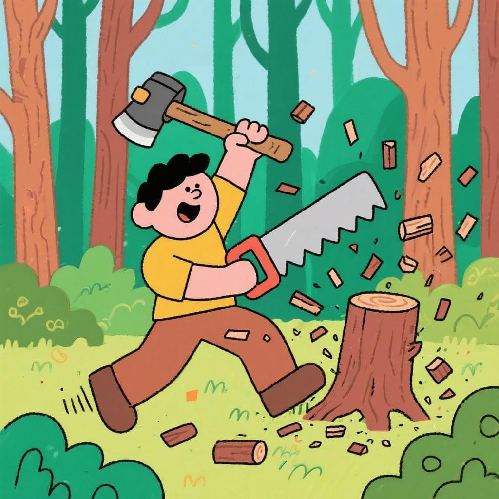 A literal, humorous depiction of 'a troche y moche', showing a lumberjack wildly chopping and lopping tree branches in a chaotic manner.