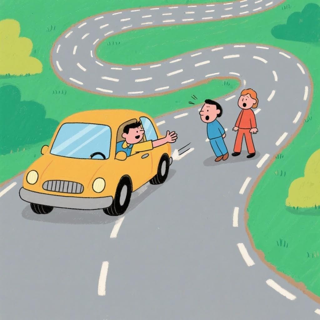 A literal depiction of 'me agarraste en curva', showing a person physically grabbing someone on a winding road.