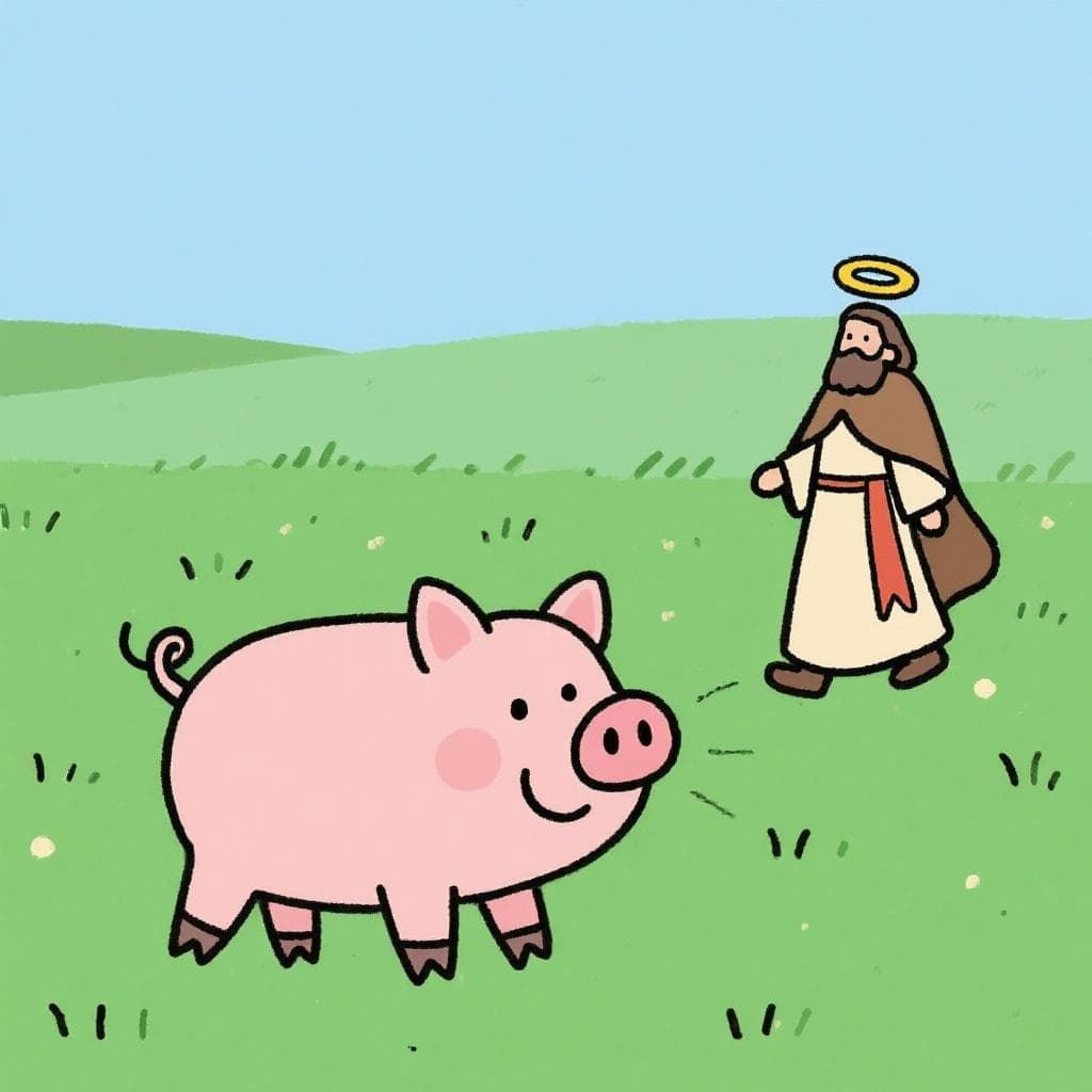 A literal, humorous depiction showing a pig in a field looking nervously at a calendar pointing to 'San Martín's Day'.