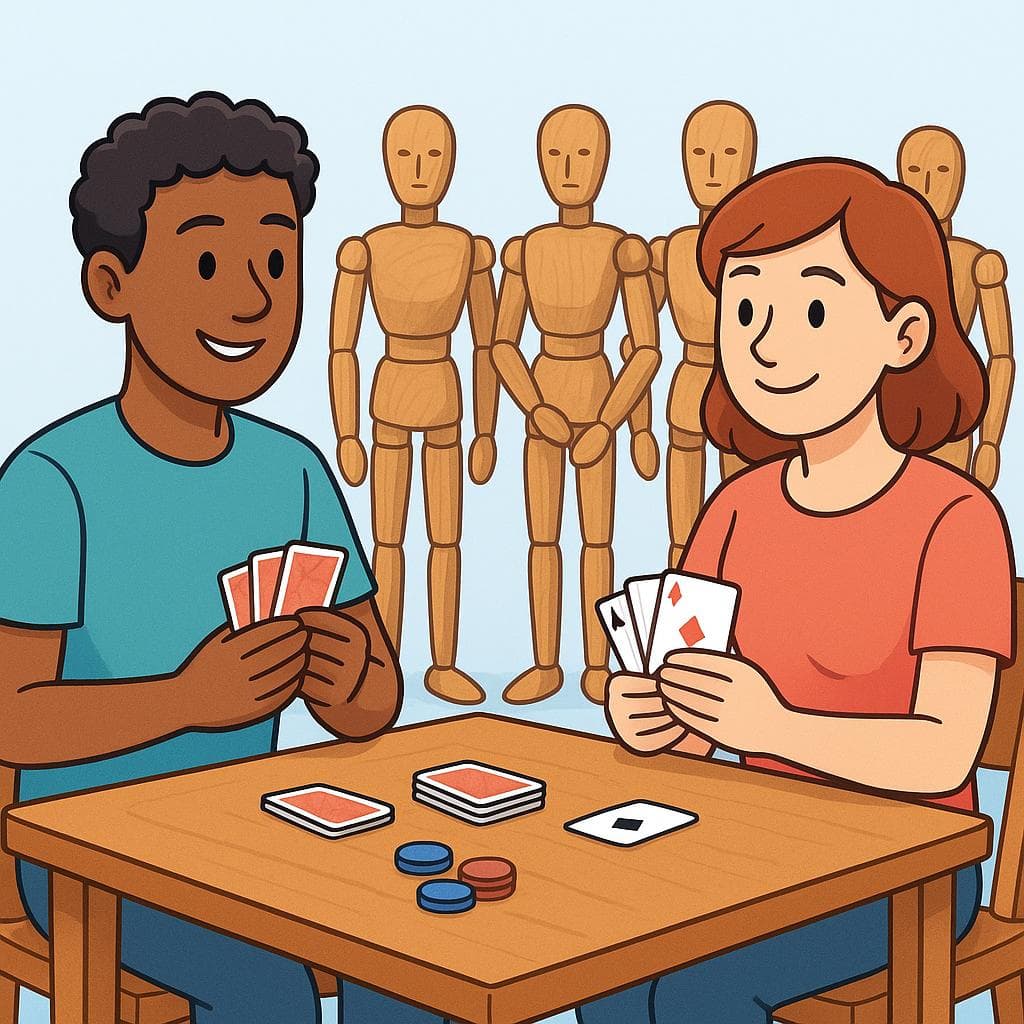 A literal depiction showing people watching a game who are made of wood.