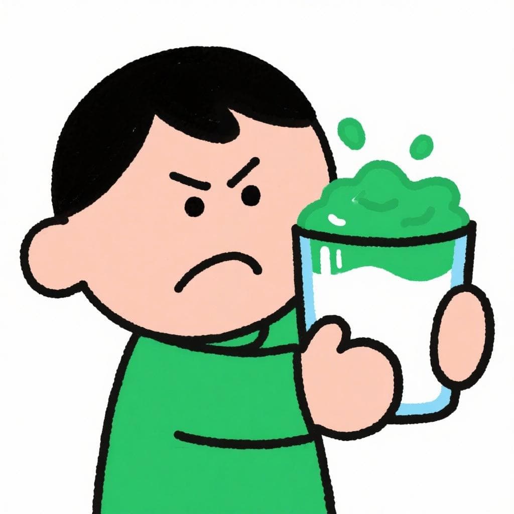 A literal, humorous depiction of 'tener mala leche', showing a person looking angrily at a carton of spoiled, green milk.