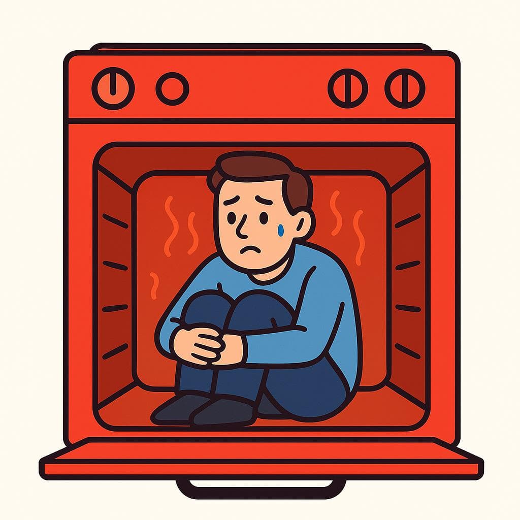 A literal, humorous depiction of 'estar al horno', showing a worried person sitting inside a large, hot oven.