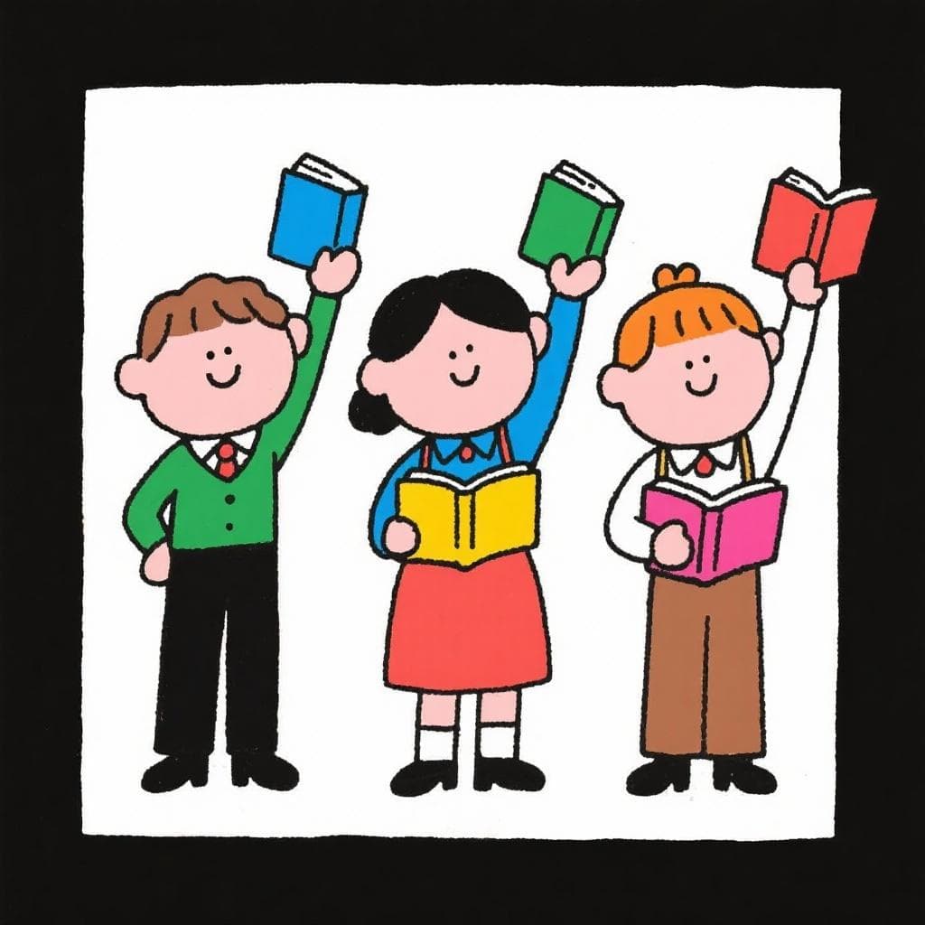 A literal depiction of 'Cada maestrito con su librito', showing several small, cartoonish teachers each proudly holding a different tiny book.