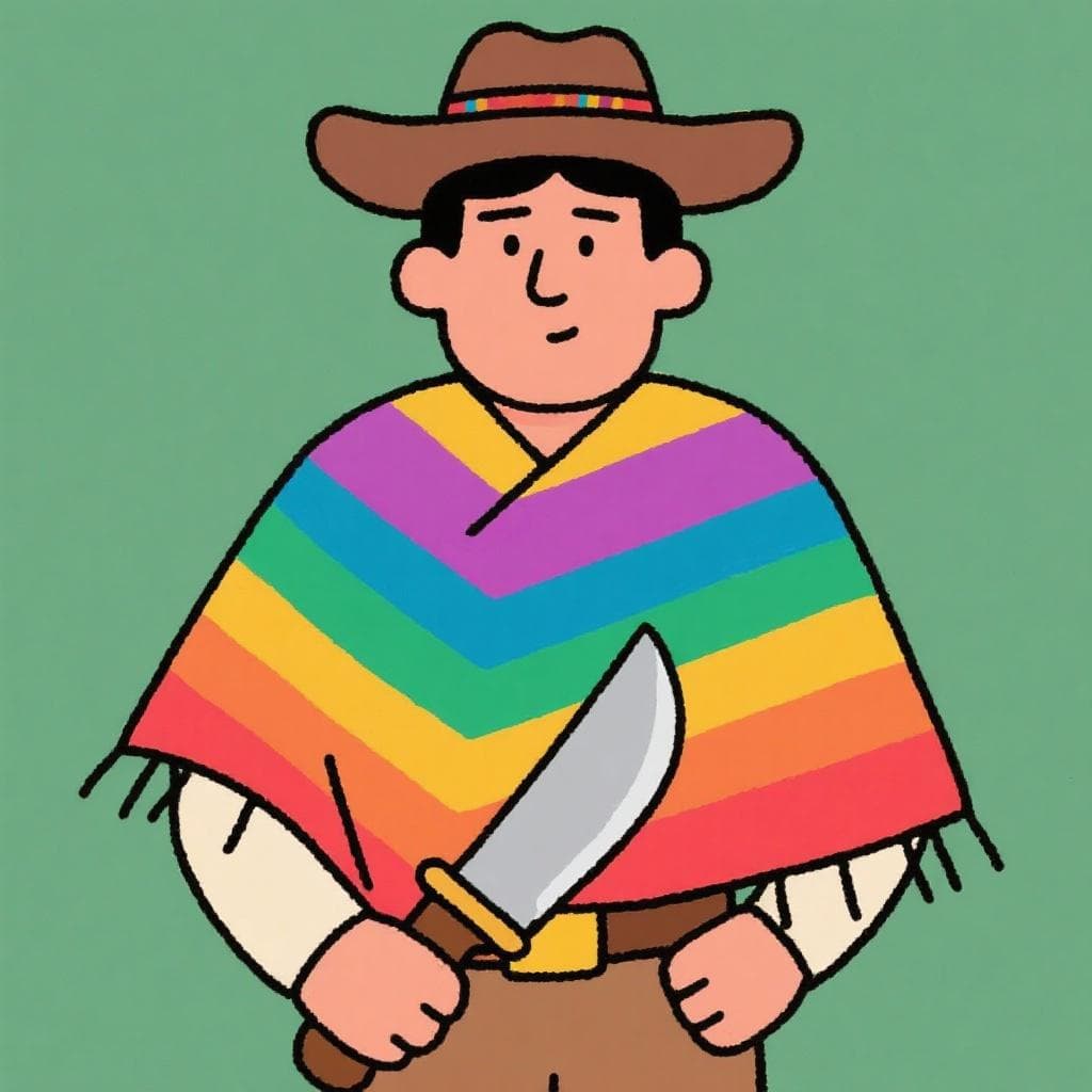 A literal depiction showing a person in a traditional poncho with the handle of a large knife visibly hidden underneath.